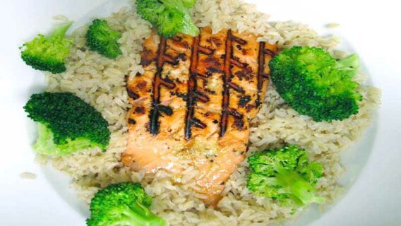 Broccoli with Brown rice and salmon