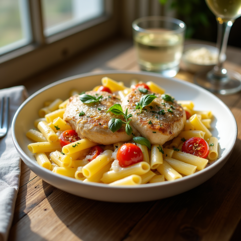 Plated creamy chicken pasta with tender chicken breast, golden roasted cherry tomatoes, and a luscious garlic parmesan sauce, garnished with fresh basil and grated parmesan. Served on a white ceramic plate with a rustic wooden table backdrop, soft natural light illuminating the dish