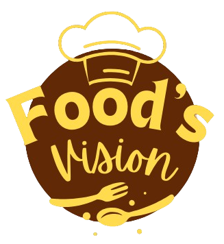 A circular brown and gold logo for 'Food’s Vision'. The design features a chef’s hat at the top, with the words ‘Food’s Vision’ written in a playful, bold font. A fork and spoon are elegantly placed at the bottom, adding a culinary touch. The color scheme consists of warm brown and golden-yellow tones, evoking a cozy and appetizing feel